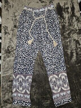 Ollari Blue Leopard Multi Print Knit Jogger Pants with Tassel Tie Sz M Coastal